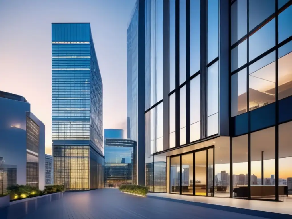 Edificio de oficinas moderno y vibrante Inversión propiedades comerciales principiantes: Oficina moderna con vista urbana y diseño arquitectónico exitoso