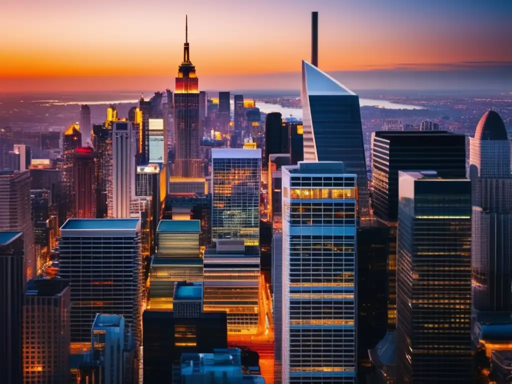 Ciudad comercial vibrante al atardecer Inversión propiedades comerciales principiantes: Ciudad vibrante con rascacielos y profesionales activos (110 caracteres)