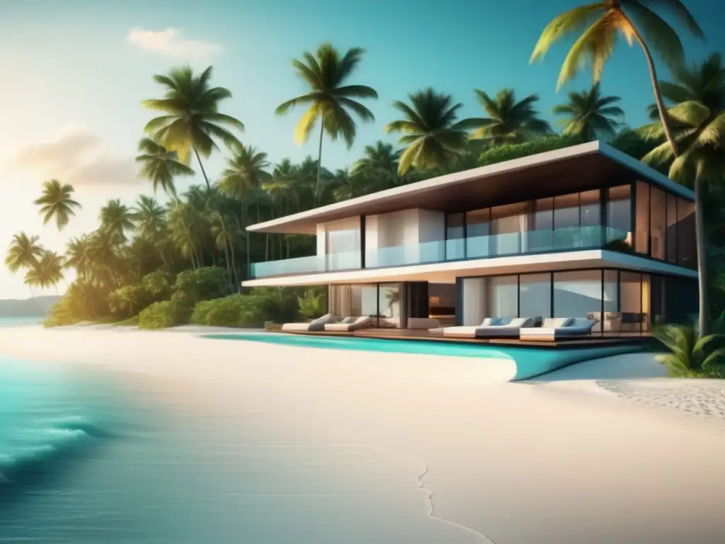 Paraíso tropical con propiedad de lujo Inversión en propiedades de playa rentables: Hermosa imagen de playa con aguas turquesas, palmeras y una lujosa propiedad frente al mar