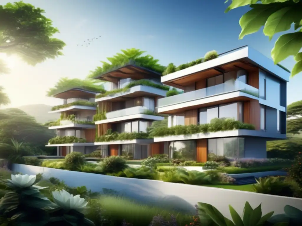 Edificio residencial sostenible con energías renovables Inversión en propiedades residenciales y cambio climático: moderna y sostenible arquitectura en entorno verde y energías renovables