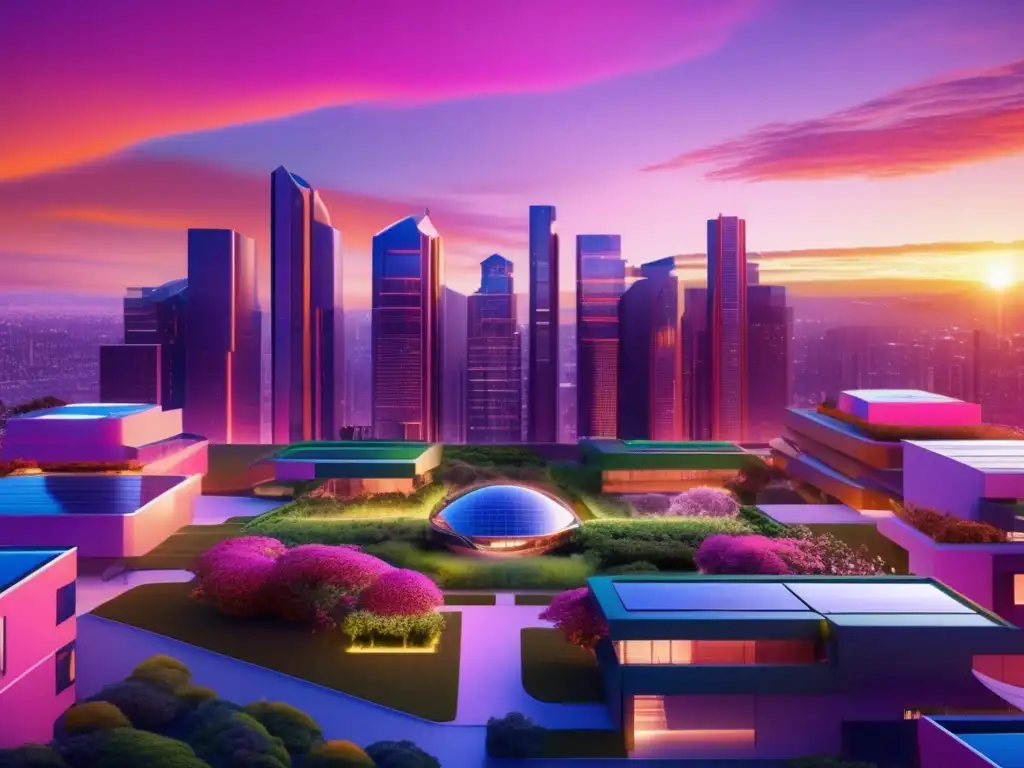Ciudad futurista: cambio climático y desarrollo sostenible Inversión en propiedades residenciales y cambio climático: Futurista ciudad sustentable en atardecer vibrante