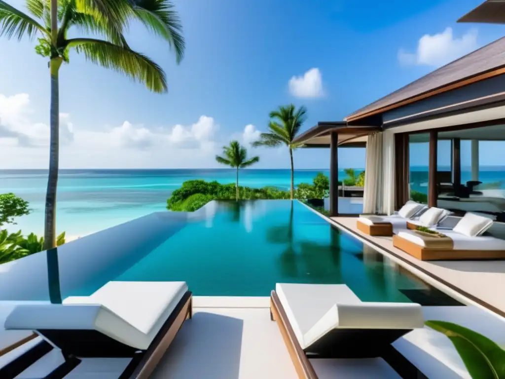 Villa de lujo en paraíso tropical Inversión en propiedades vacacionales de lujo: Villa de lujo frente a la playa con arquitectura moderna y vistas al océano turquesa