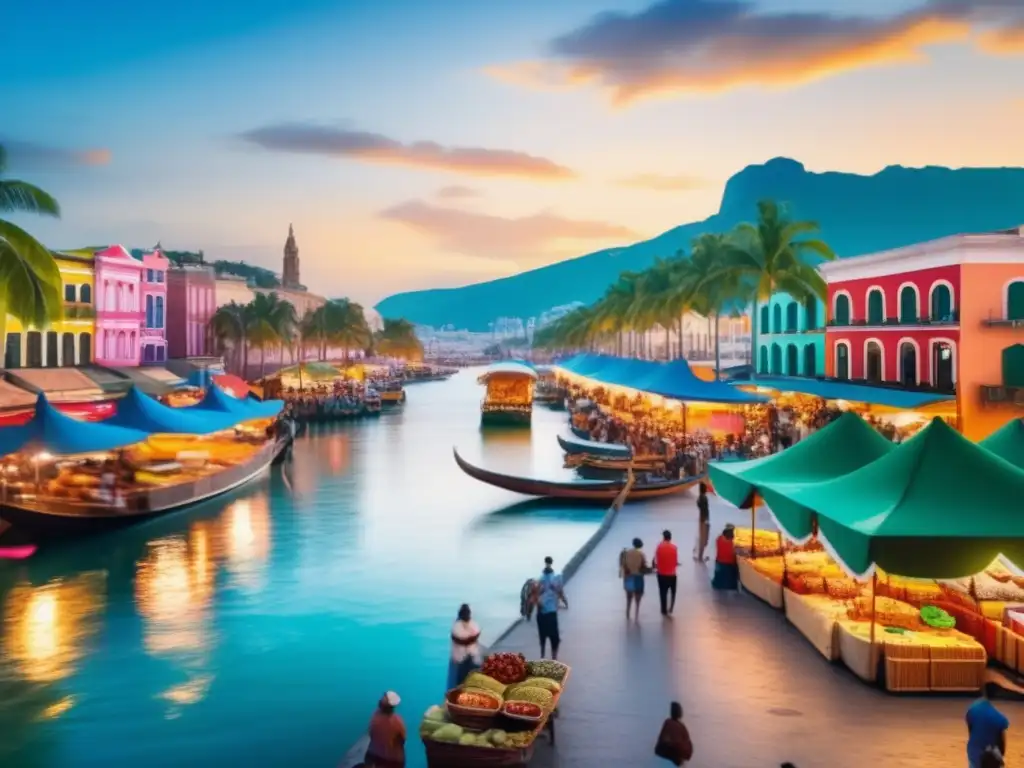 Mercado turístico vibrante con paisaje panorámico Inversión propiedades vacacionales tendencia crecimiento - Escena vibrante mercado turístico con edificios coloridos y palmeras