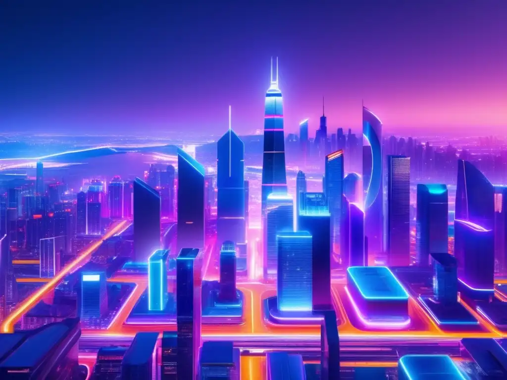 Ciudad futurista con rascacielos iluminados Inversión ICO: Proyectos potencial explosivo - Ciudad futurista con rascacielos iluminados por luces de neón