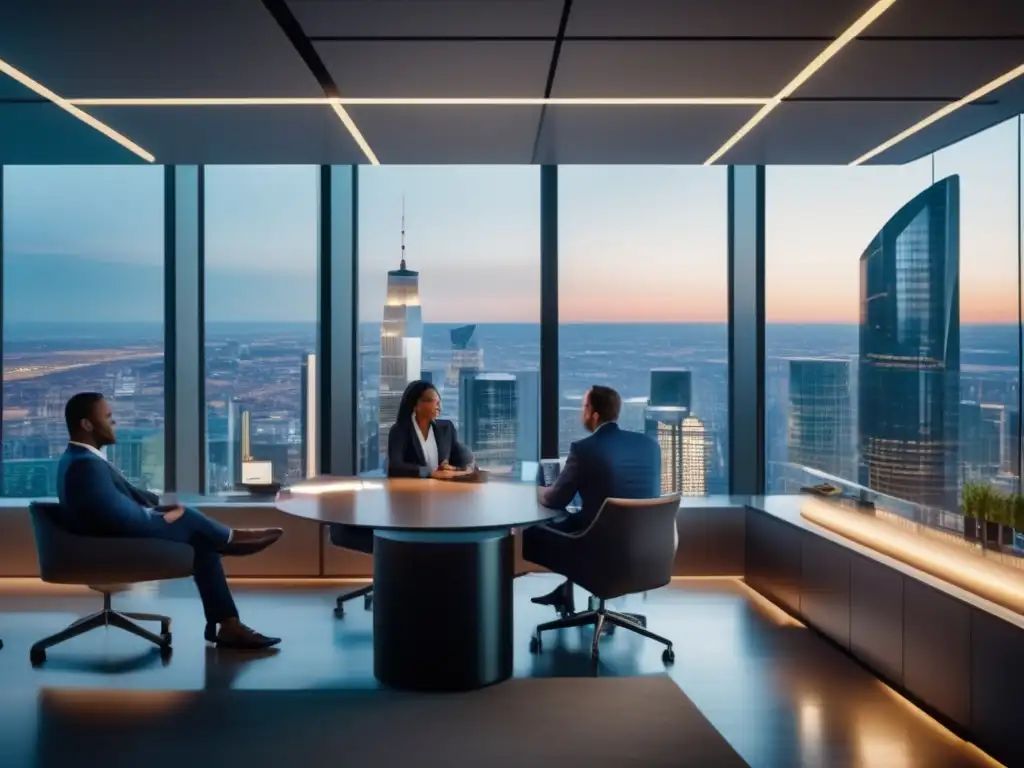 Sala de trading moderna y profesional Psicología de mercado para inversores: trading floor moderno con profesionales analizando datos y gráficos en un entorno sofisticado y tecnológico