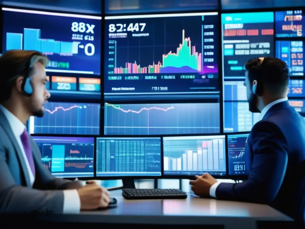 Traders en piso de bolsa Psicología de reacciones inmediatas en mercados: Traders en actividad en moderno piso bursátil con pantallas de datos y diseño minimalista