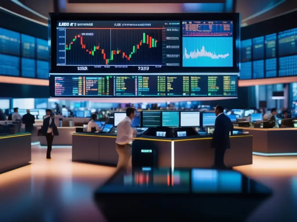 Intenso piso de bolsa: moderno y dinámico Psicología de reacciones inmediatas en mercados: Traders, LED, modernidad, concentración, confianza