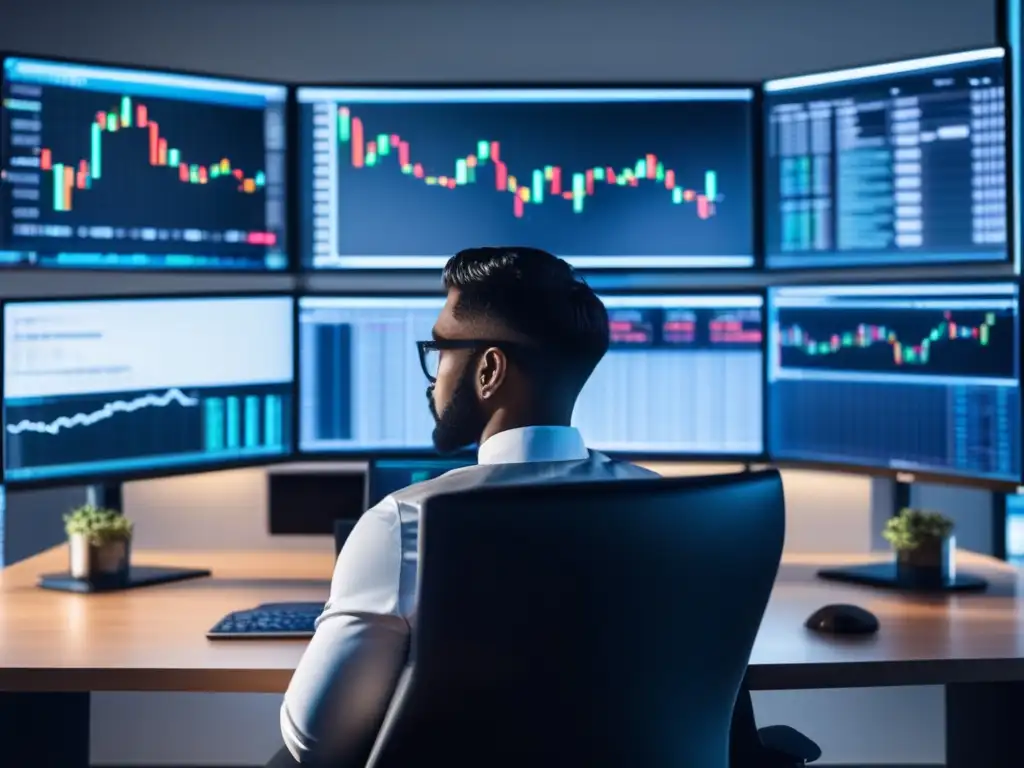 Profesional concentrado en la oficina de trading Psicología del Trading en Criptomonedas: Persona enfocada en una oficina moderna, con monitores de criptomonedas y ambiente sofisticado