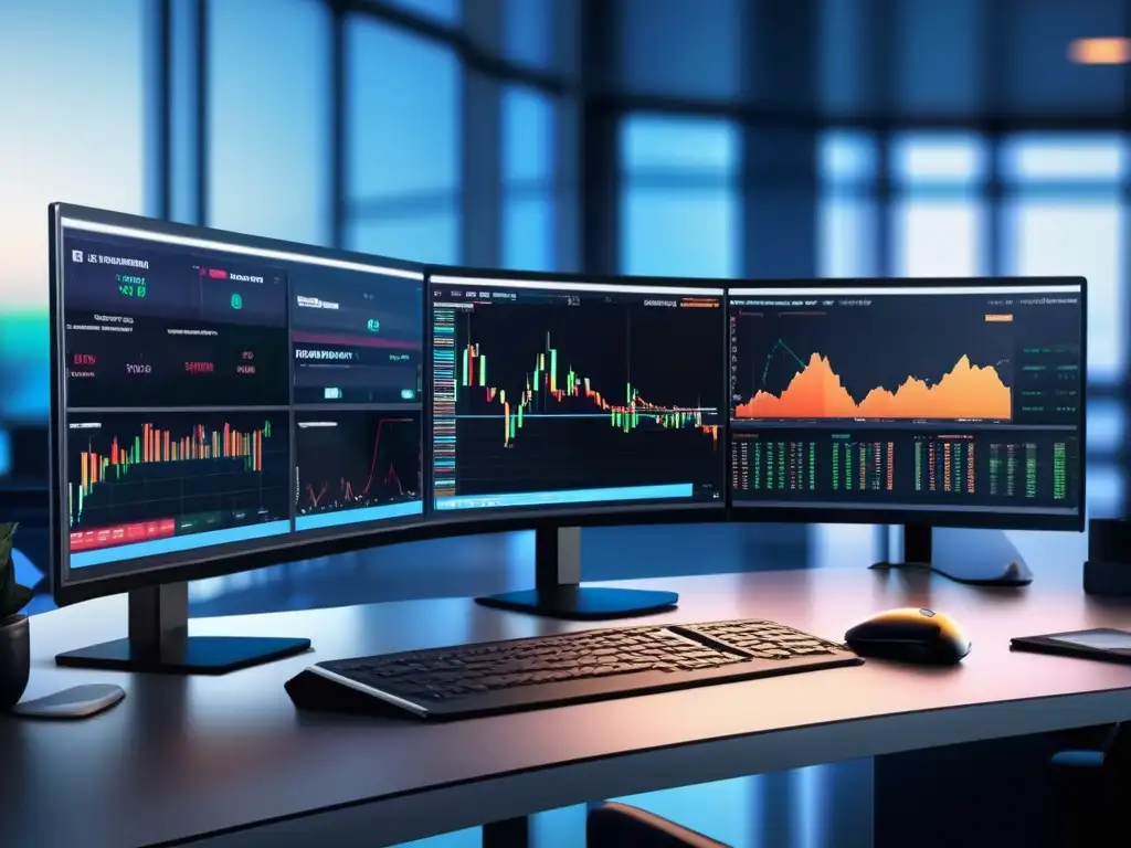 Trading de criptomonedas: escritorio moderno y dinámico Psicología del Trading en Criptomonedas: Trader profesional en moderno escritorio con monitores mostrando gráficos y datos en tiempo real