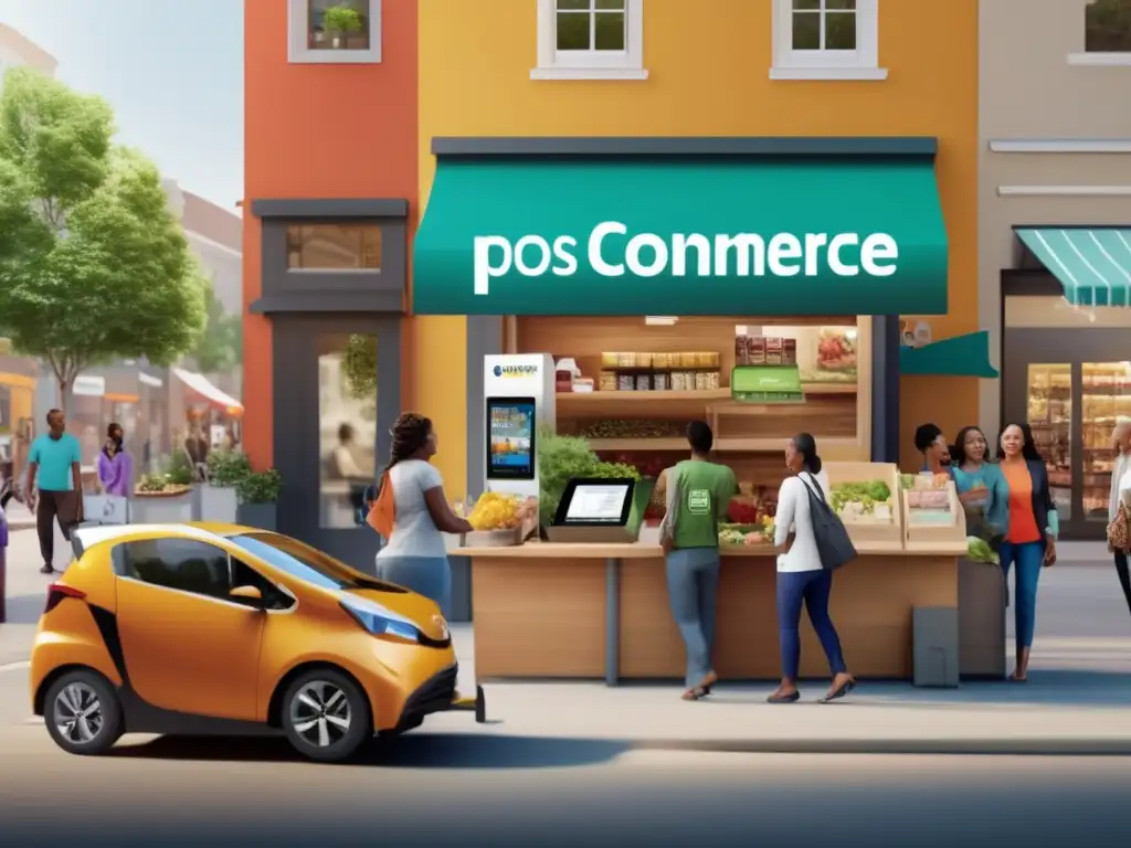 Calle comercial vibrante y tecnológica Punto de venta móvil en comercio marginado