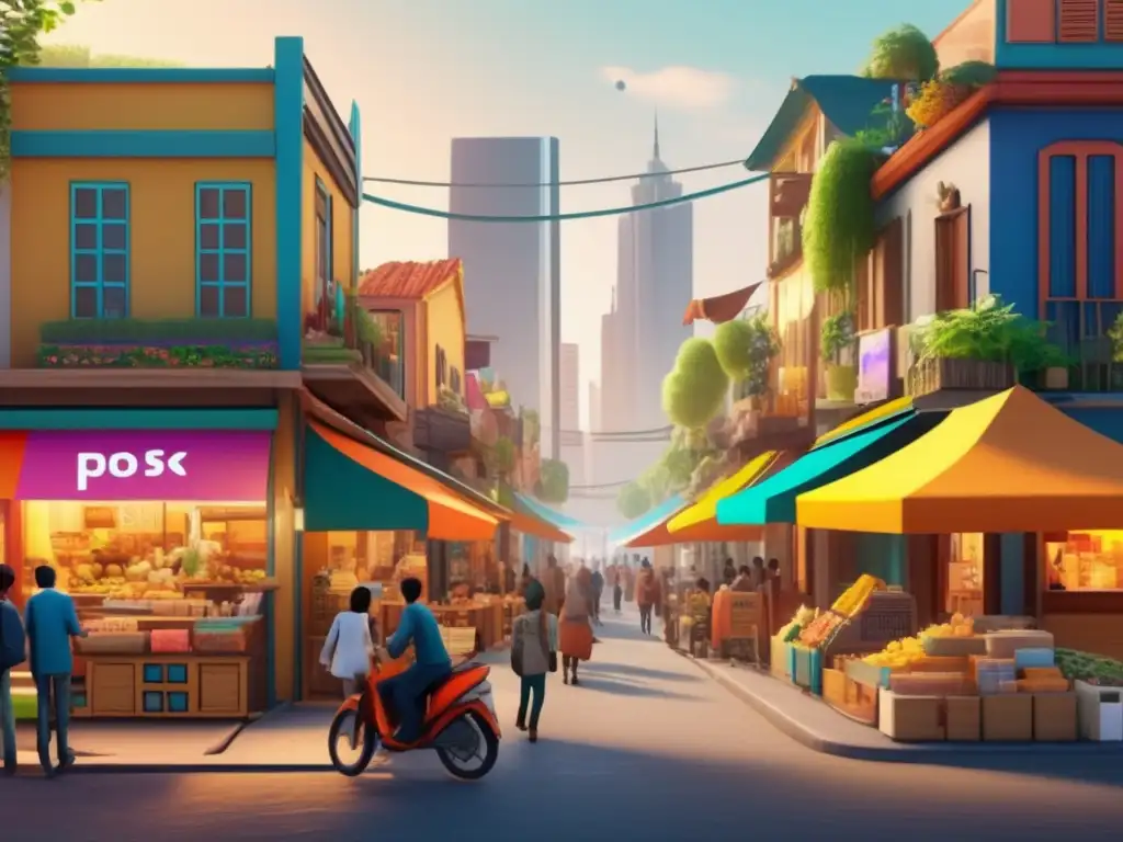 Negocio empoderado con dispositivo de pago móvil Puntos de venta móviles en comercios marginados: Escena vibrante de una calle con tiendas y vendedores, donde un dueño sonriente usa un dispositivo de pago digital con éxito
