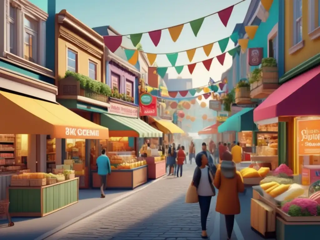 Calle vibrante con tiendas y comercio móvil Puntos de venta móviles en comercios marginados: imagen de una calle animada con tiendas vibrantes y clientes interactuando con dispositivos móviles