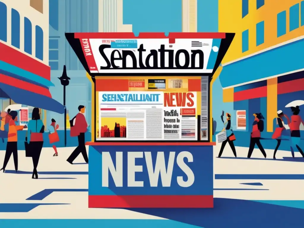Puesto de periódicos en ciudad vibrante Manteniendo Racionalidad ante Noticias Sensacionalistas en Inversiones - Periódico vibrante en plaza llena de energía y colores intensos