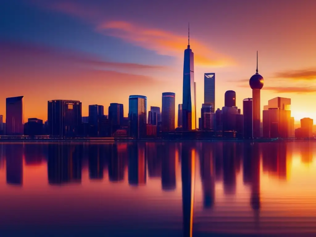 Ciudad moderna al atardecer: éxito e inversión Rascacielos en una ciudad moderna al atardecer, reflejo de estrategias de inversión exitosas
