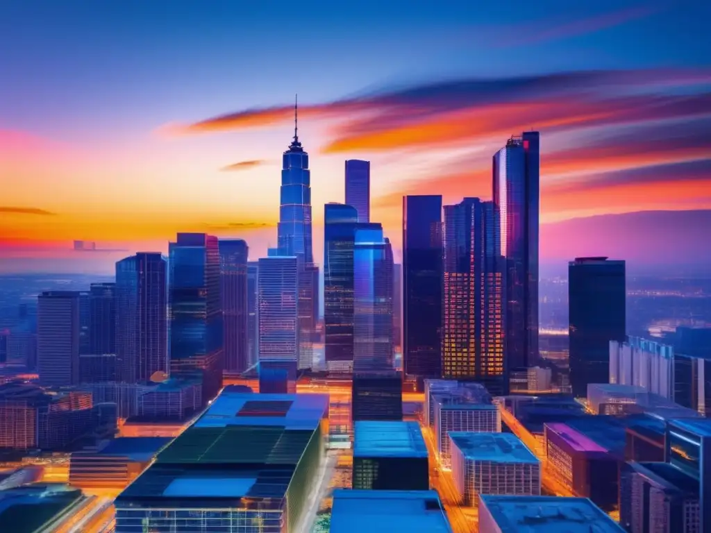 Ciudad moderna al atardecer con rascacielos vibrantes Rascacielos iluminados en ciudad al atardecer, representando mercado inmobiliario
