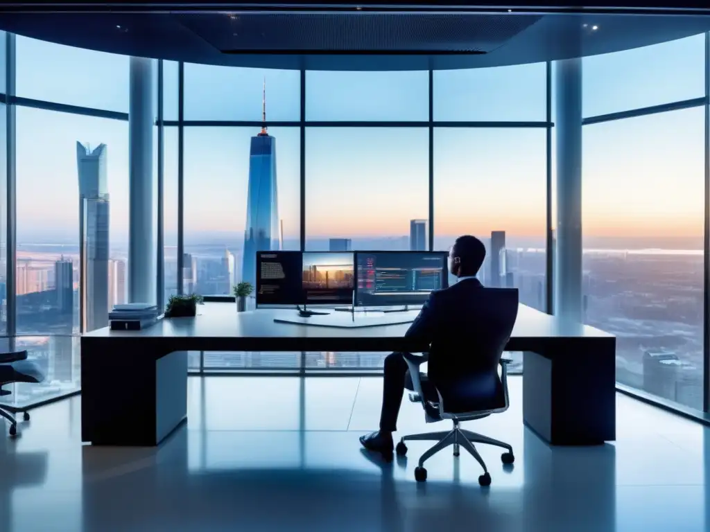 Oficina moderna con vista panorámica a la ciudad y tecnología avanzada Rebalanceo estratégico inversión ETFs: Oficina moderna con vista panorámica de la ciudad, muebles minimalistas y tecnología avanzada