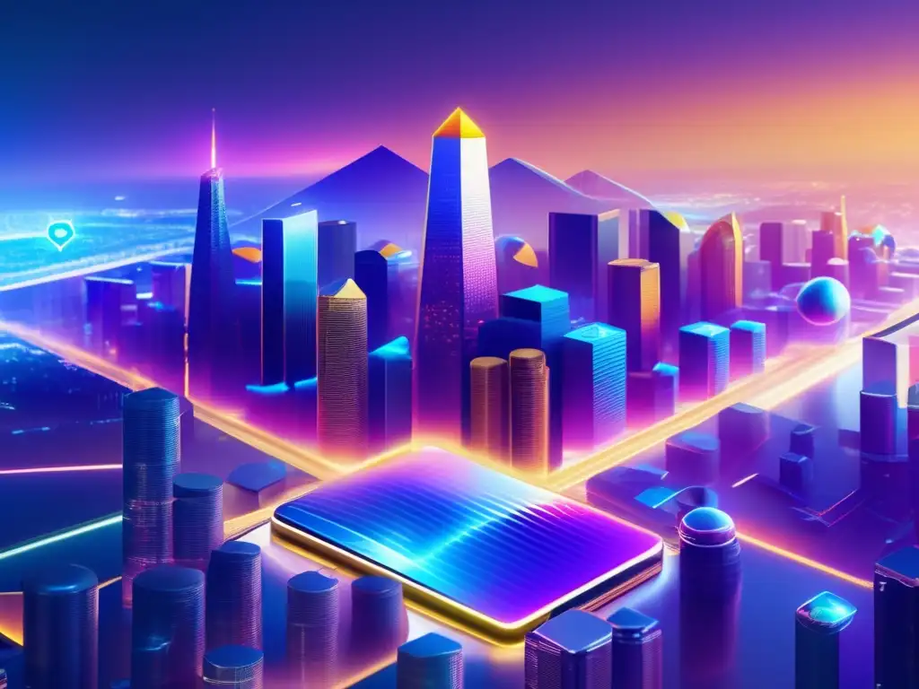 Criptomoneda: Volatilidad y recompensas Recompensas volátiles criptomonedas: ciudad futurista, rascacielos cripto, constelaciones blockchain
