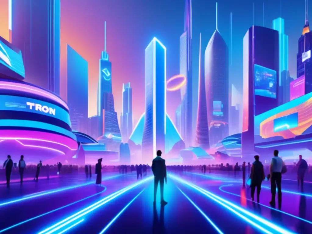 Futuro entretenimiento descentralizado en Tron Tron: red de entretenimiento descentralizado con ciudad futurista, juegos virtuales y avatares digitales