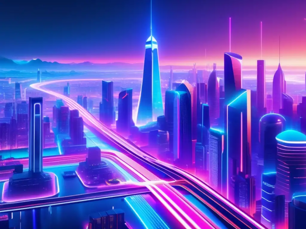 Futuro paisaje digital inspirado en Tron Tron red: espectacular paisaje digital futurista de una metrópolis vibrante, con rascacielos luminosos y una red de datos hipnótica
