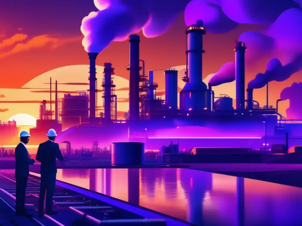 Refinería de petróleo al atardecer Refinería al atardecer, estructuras imponentes, tuberías intricadas y llamas brillantes