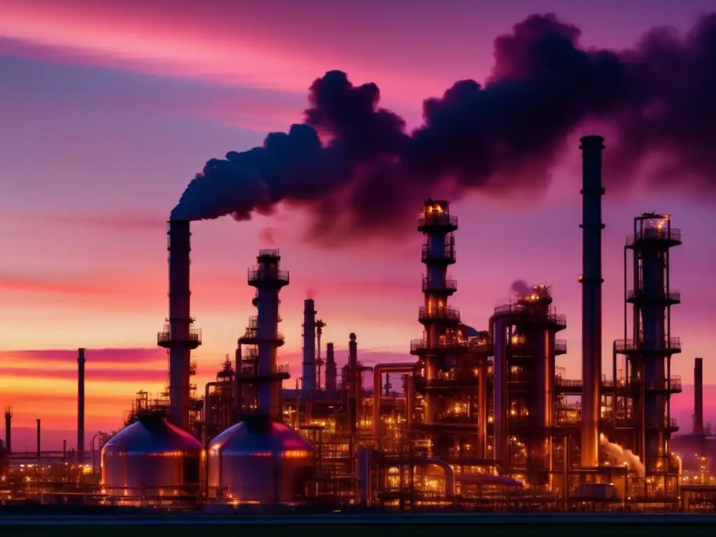 Refinería de petróleo al atardecer Refinería de petróleo al atardecer: red de infraestructura industrial con tuberías y maquinaria