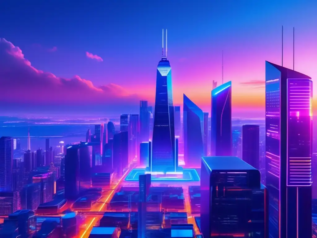 Futurista ciudad con rascacielos y criptomonedas Regulaciones criptomonedas inversiones riesgos legales - Futurista ciudad con rascacielos, neones y pantallas digitales