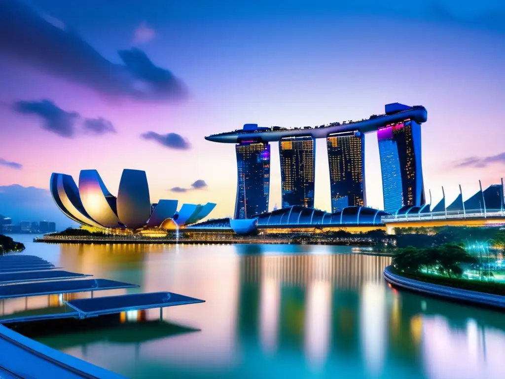 Skyline nocturno de Singapur con Marina Bay Sands Singapur: Regulaciones financieras, skyline y Marina Bay Sands