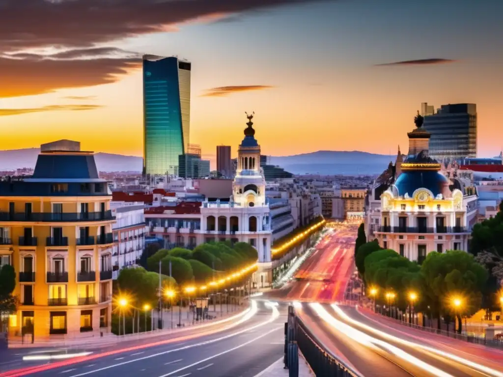 Paisaje urbano vibrante de Madrid, España Regulaciones Fintech España: Cityscape moderno y vibrante de Madrid, con rascacielos, diseño arquitectónico y gran actividad