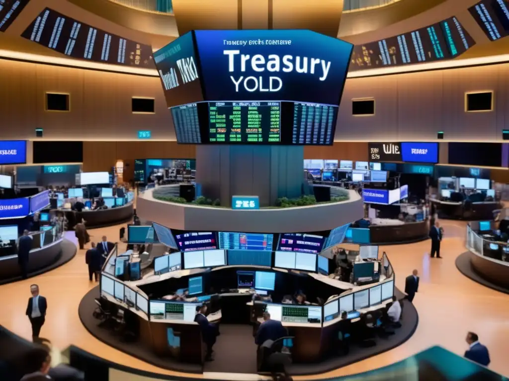 Relación dinámica entre rendimiento de bonos del Tesoro y comportamiento en el mercado de valores Relación rendimiento Tesoro y Bolsa - Panorámica de la bolsa con traders y gráficos de rendimiento del Tesoro