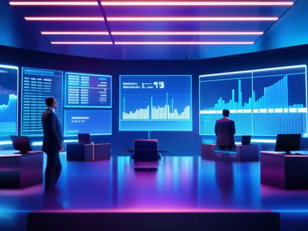 Traders analizando el mercado con ADX Mejorar rendimiento bursátil con ADX: Futuro trading en piso ultradetallado de vidrio, monitores hightech y traders analizando datos en tiempo real