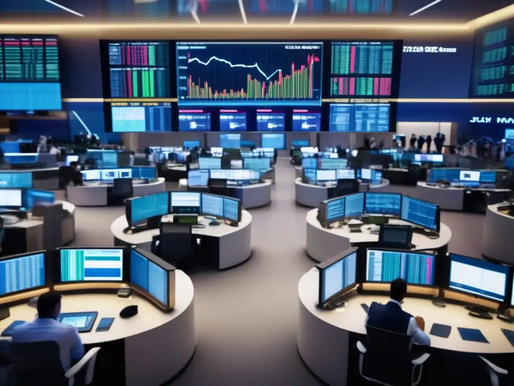 Traders en piso de bolsa con ADX Mejorar rendimiento bursátil con ADX en moderna sala de trading