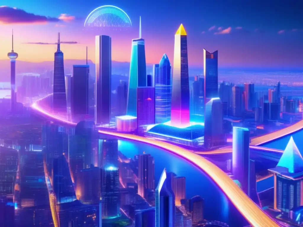 Evolución de altcoins: Futurista ciudad con criptomonedas Rendimiento histórico altcoins análisis financiero - Evolución de altcoins en una ciudad futurista con rascacielos y logos holográficos