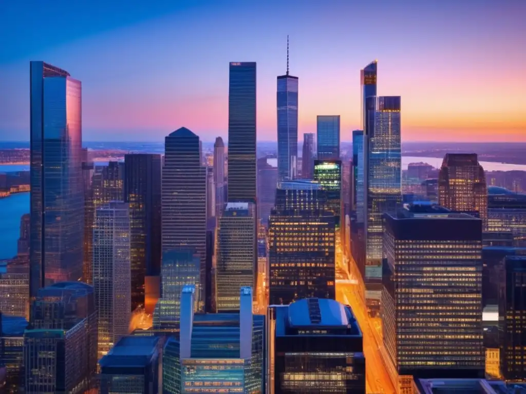 Luces de la ciudad financiera al atardecer Renta Corto Plazo: Moderna skyline financiera, vibrante y rentable