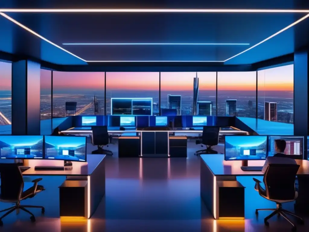 Trading floor moderno y tecnológico Rentabilidad automatizada con bots de trading en moderna sala de operaciones iluminada por pantallas de alta tecnología