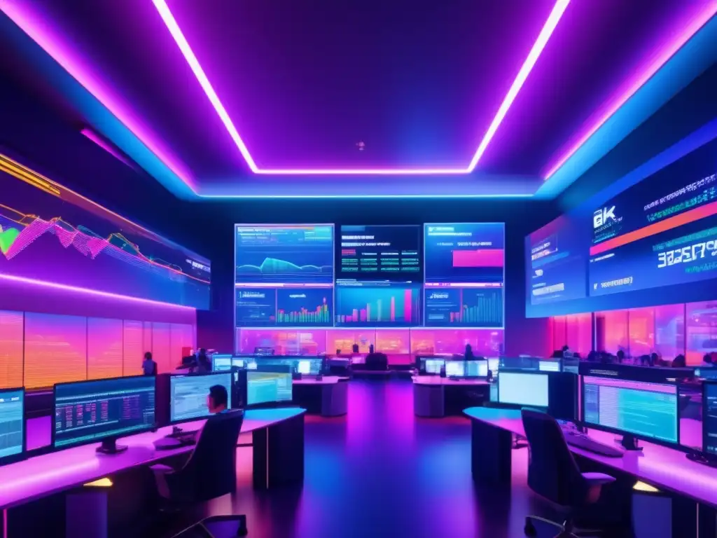 Trading futurista con luces de neón Rentabilidad automatizada con bots de trading en una sala de operaciones futurista llena de energía