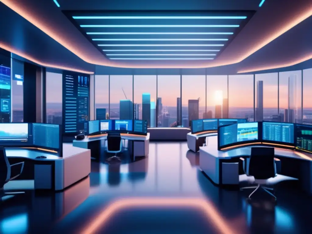 Trading floor futurista con tecnología de vanguardia Rentabilidad automatizada con bots de trading en una oficina futurista con traders analizando datos financieros en pantallas de última generación