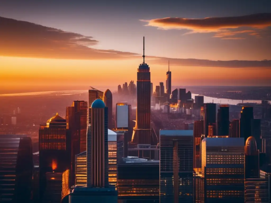 Ciudad futurista al atardecer: prosperidad y éxito Rentabilidad filantropía inversión: Ciudad moderna al atardecer, rascacielos iluminados, prosperidad y éxito