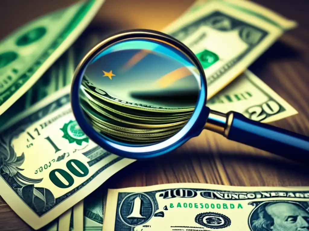 Dinero global bajo lupa Rentabilidad: Desmitificando ilusiones financieras con magnífica imagen de lupa y dinero