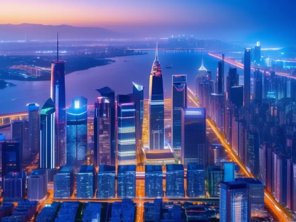 Ciudad futurista con rascacielos iluminados Rentabilidad inversiones comerciales en vibrante imagen nocturna de ciudad futurista con rascacielos y edificios comerciales iluminados
