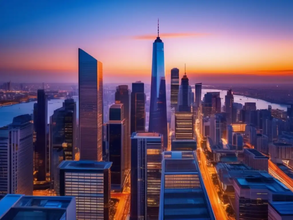 Ciudad moderna al atardecer Rentabilidad propiedad: análisis mercado - Ciudad moderna al atardecer, rascacielos reflejan cálidos tonos del sol
