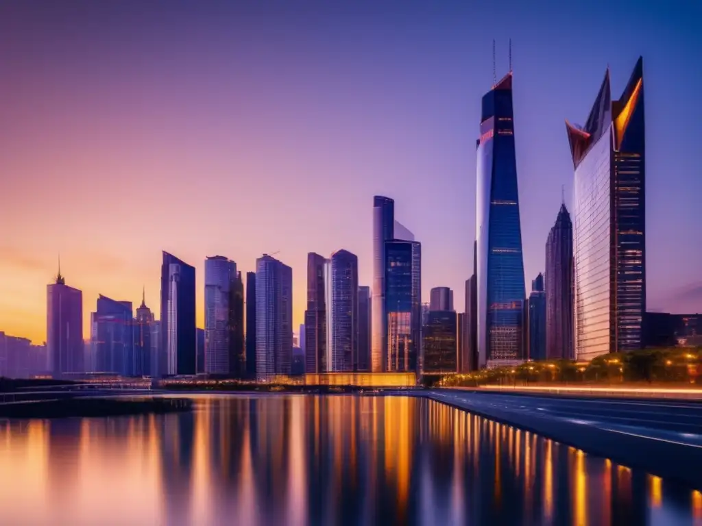 Ciudad moderna al atardecer: rascacielos, lujo y estilo Rentabilidad propiedad: análisis mercado, ciudad moderna al atardecer con rascacielos de vidrio reflejando el sol y actividad urbana