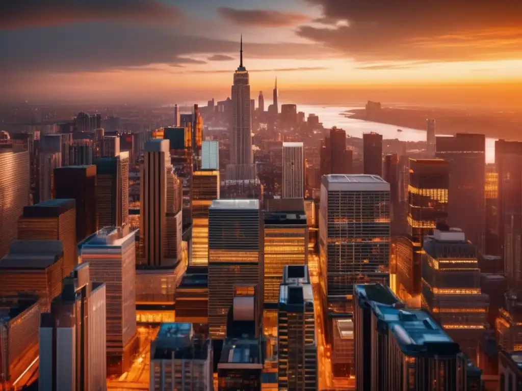 Ciudad moderna al atardecer Rentabilidad social en inversiones startups - Vista panorámica de una metrópolis moderna iluminada por el sol poniente