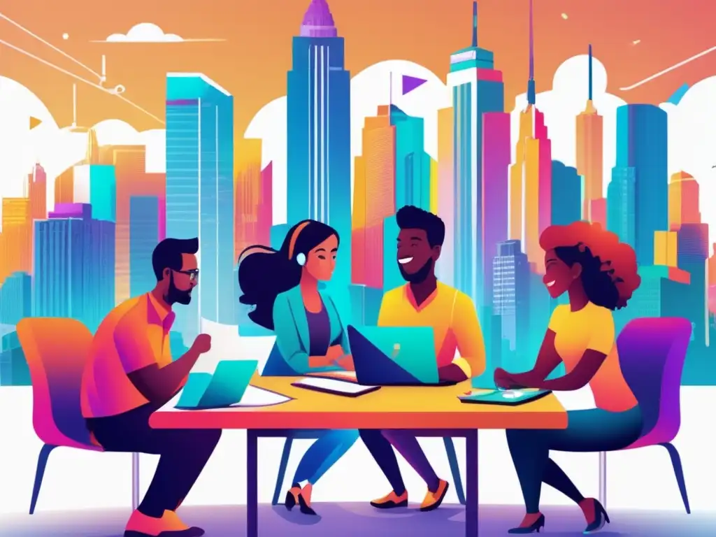 Emprendedores innovadores en la ciudad Rentabilidad social en inversiones startups: ciudad vibrante y emprendedores innovadores trabajando juntos para un impacto positivo
