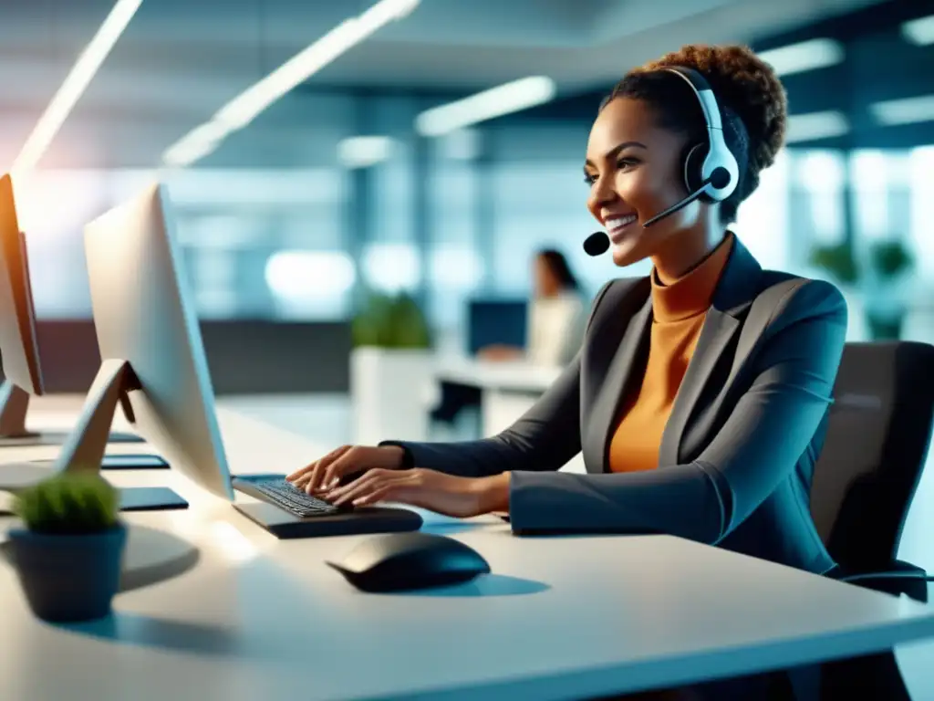 Representante de servicio al cliente moderno en oficina brillante Representante de servicio al cliente en una oficina moderna, atendiendo a un cliente por video llamada con excelente respuesta y comunicación
