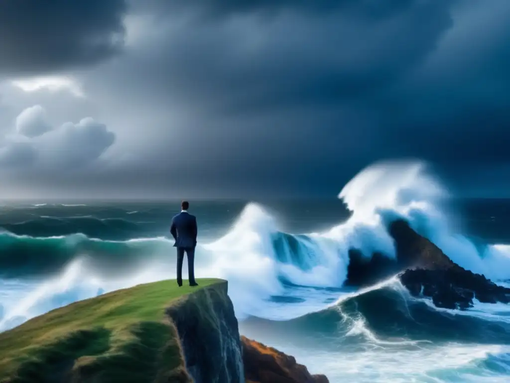 Resiliencia en la crisis financiera Resiliencia financiera: persona en acantilado frente a tormenta marina, traje empresarial, determinación, volatilidad y herramientas psicológicas
