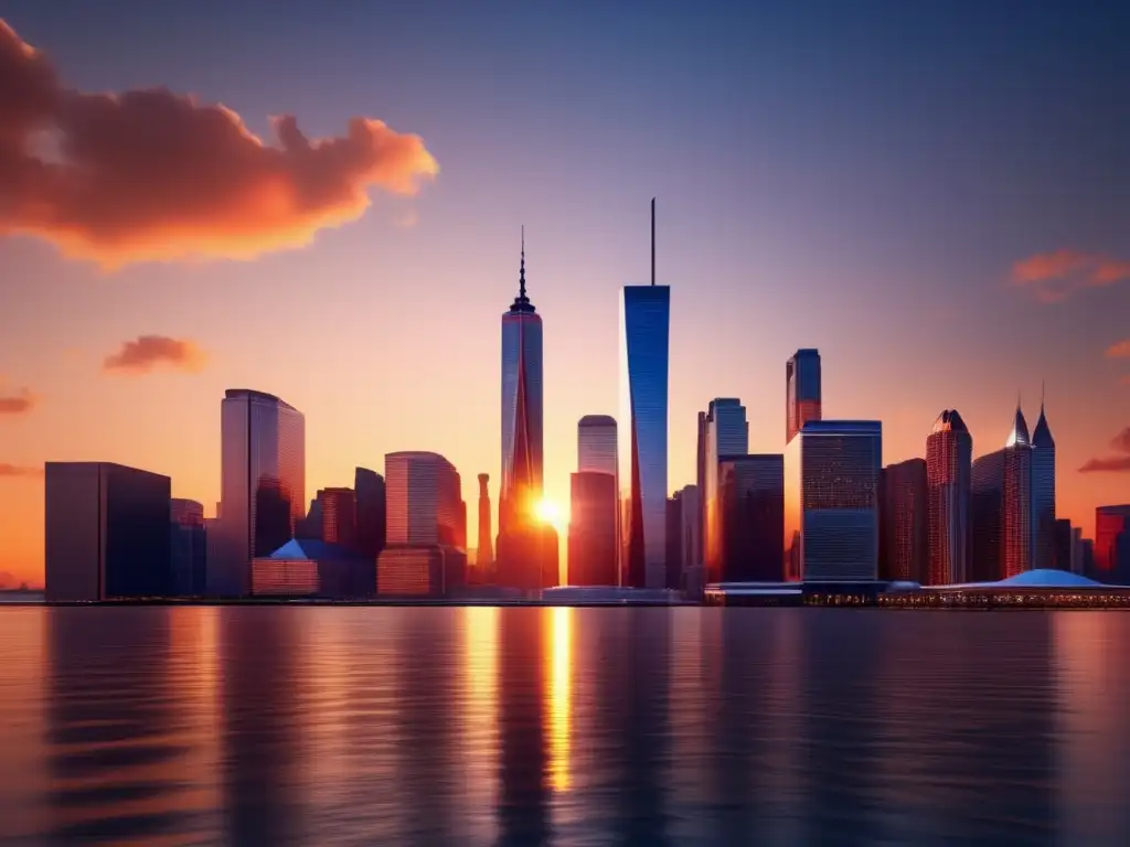 Skyline financiero moderno al atardecer Resiliencia financiera: skyscrapers en distrito financiero reflejan el sol al atardecer, LED muestran noticias e inversiones