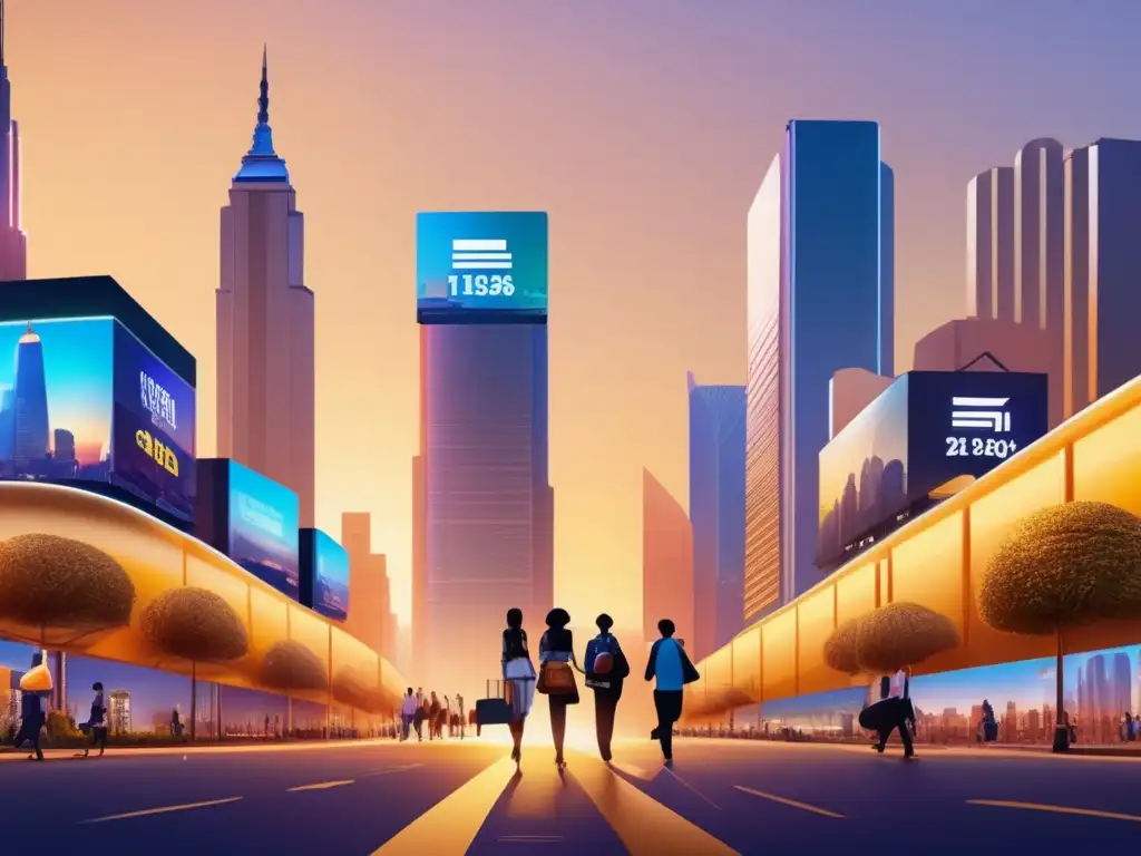 Ciudad sostenible al atardecer con rascacielos y señales ESG Inversión socialmente responsable en cartera: ciudad vibrante, rascacielos reflejando la puesta de sol, peatones con logos ESG