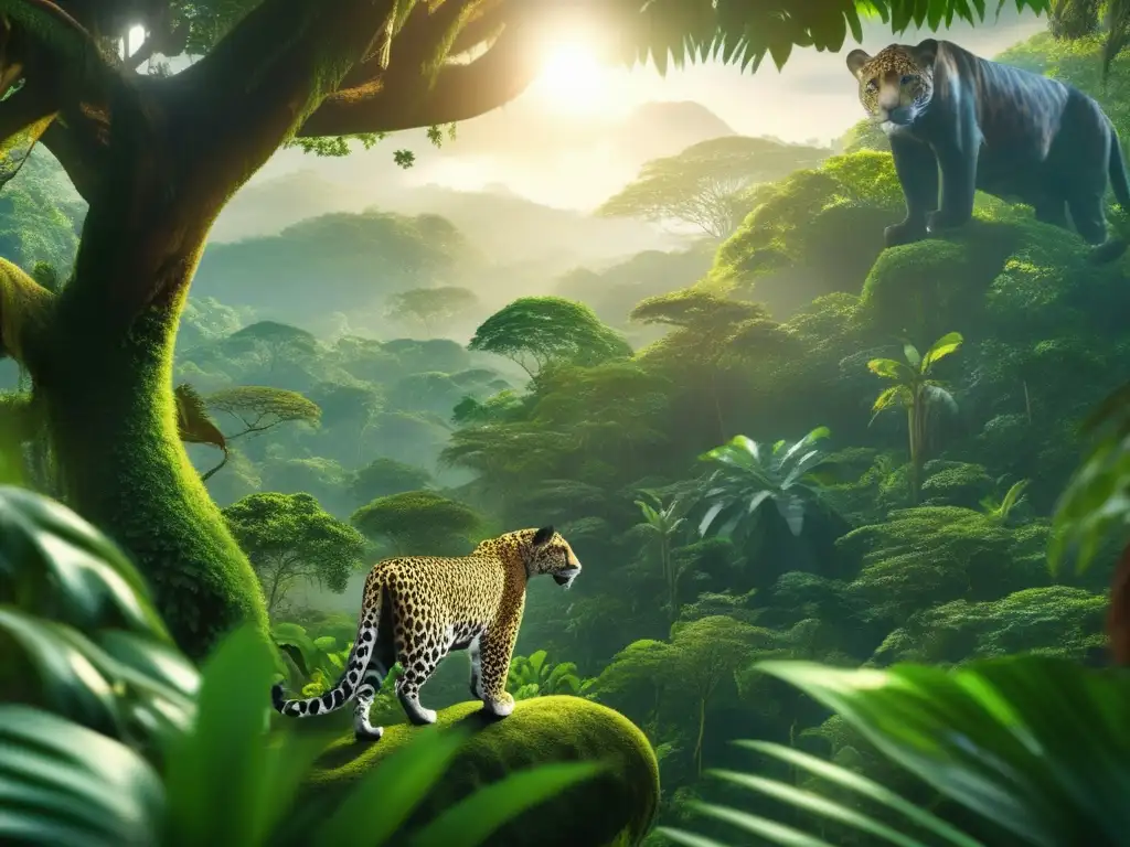Bosque tropical exuberante con animales en peligro de extinción Inversión responsable protección especies, imagen cautivante de selva exuberante con jaguar, mono araña y guacamayo