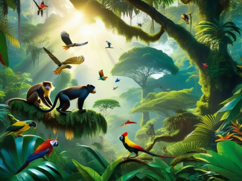 Selva exuberante y vibrante: investigación y conservación Inversión responsable protege especies, selva vibrante con árboles altos, animales exóticos
