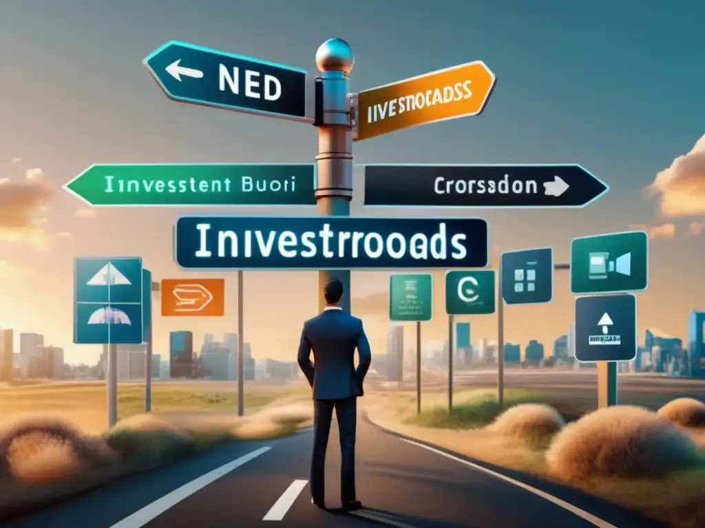 Crucero de inversiones con opciones vibrantes Paradoja elección inversión simplificar resultados: Persona en cruce con opciones de inversión representadas por señales de diferentes industrias